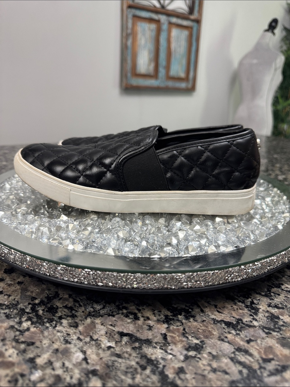 Steve Madden Black Quilted Slip-On Sneakers with White Sole 8.5